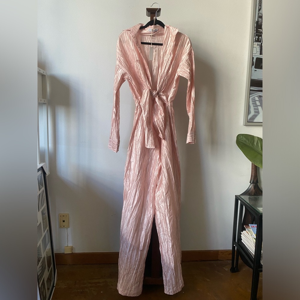 Izayla Womens Medium Crinkled Taffeta Tie Front Long Sleeve Cocktail Jumpsuit